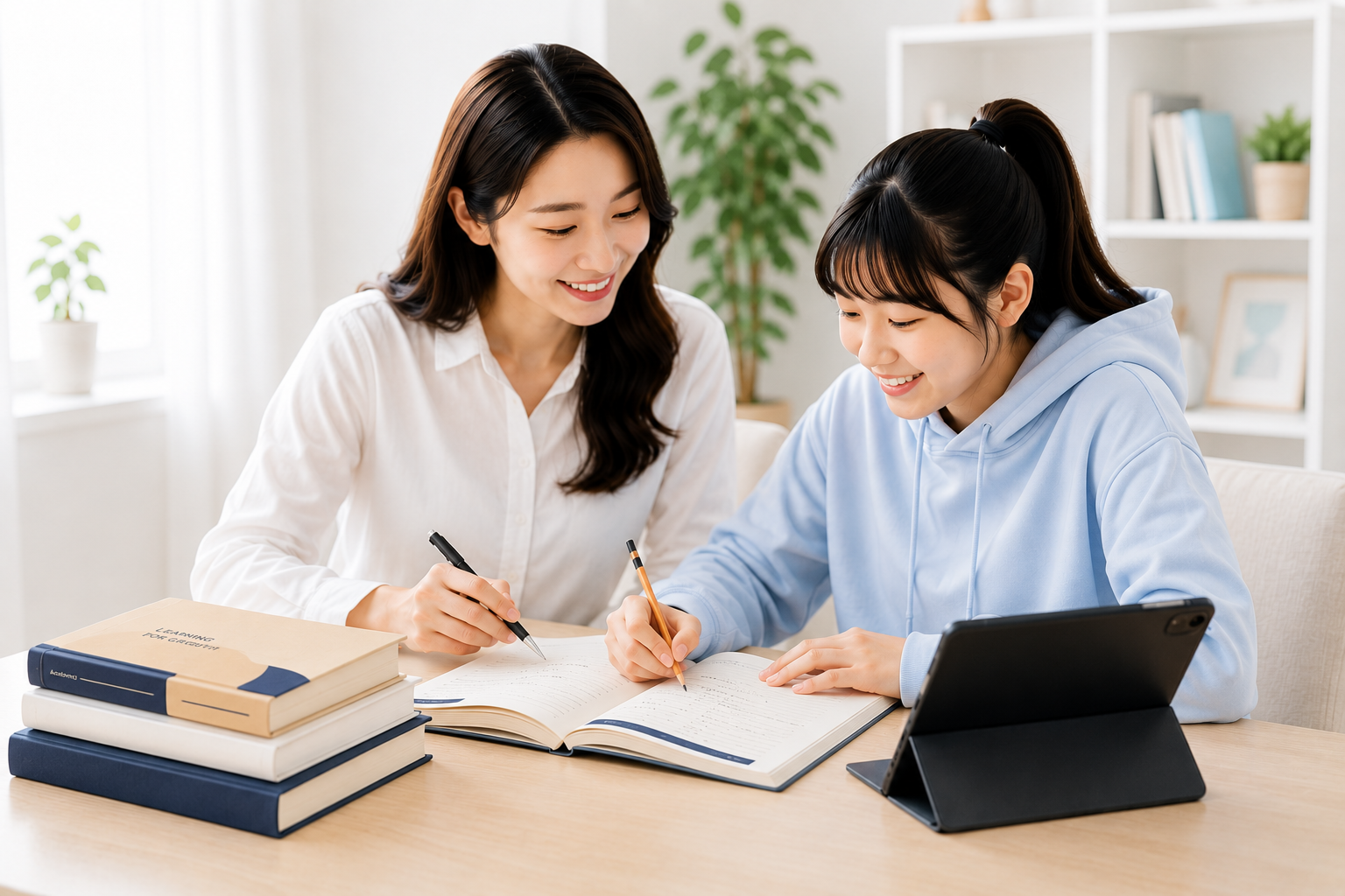 학생과 선생님이 함께 공부하는 밝은 1:1 수업 장면